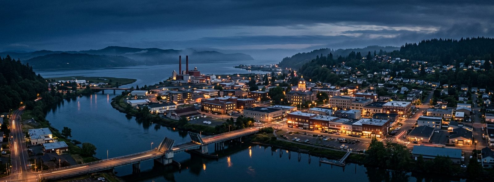 Aerial view of the Aberdeen, Washington skyline at dusk, illustrating the metro area TactStack serves structural steel businesses in