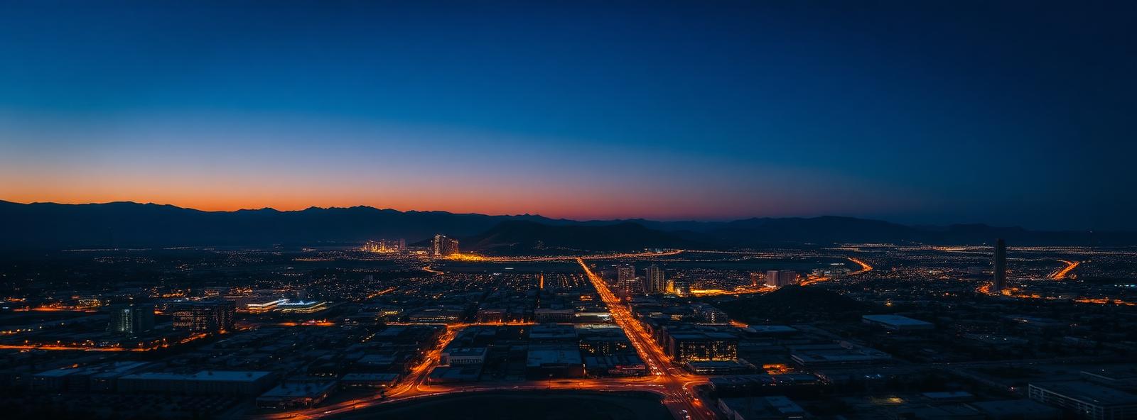 Aerial view of the Albuquerque, New Mexico skyline at dusk, illustrating the metro area TactStack serves structural steel businesses in