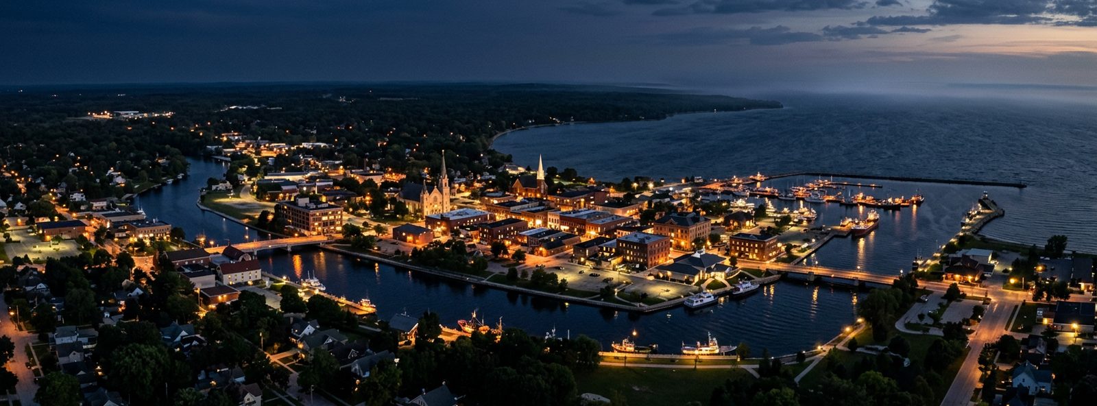 Aerial view of the Alpena, Michigan skyline at dusk, illustrating the metro area TactStack serves structural steel businesses in