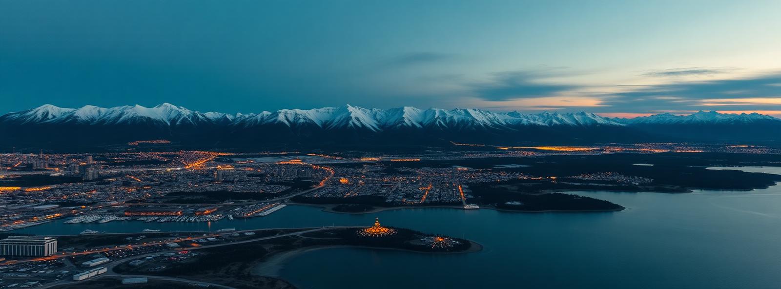 Aerial view of the Anchorage, Alaska skyline at dusk, illustrating the metro area TactStack serves structural steel businesses in
