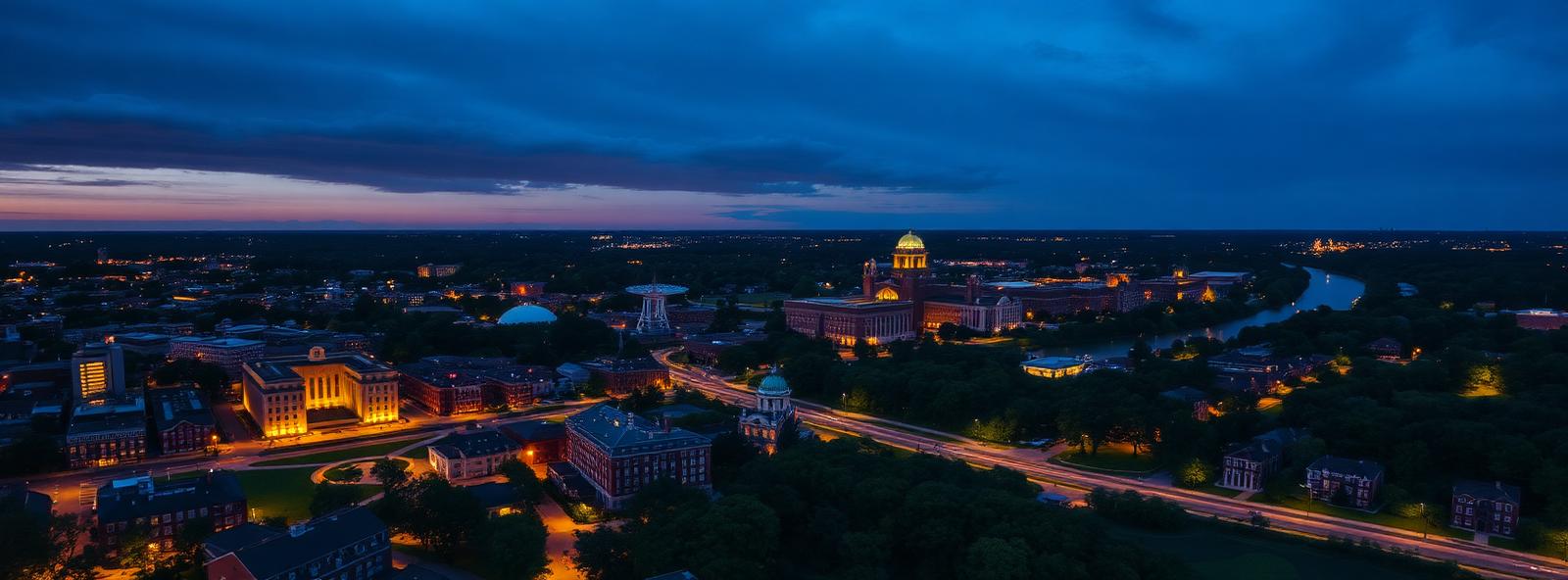 Aerial view of the Ann Arbor, Michigan skyline at dusk, illustrating the metro area TactStack serves structural steel businesses in
