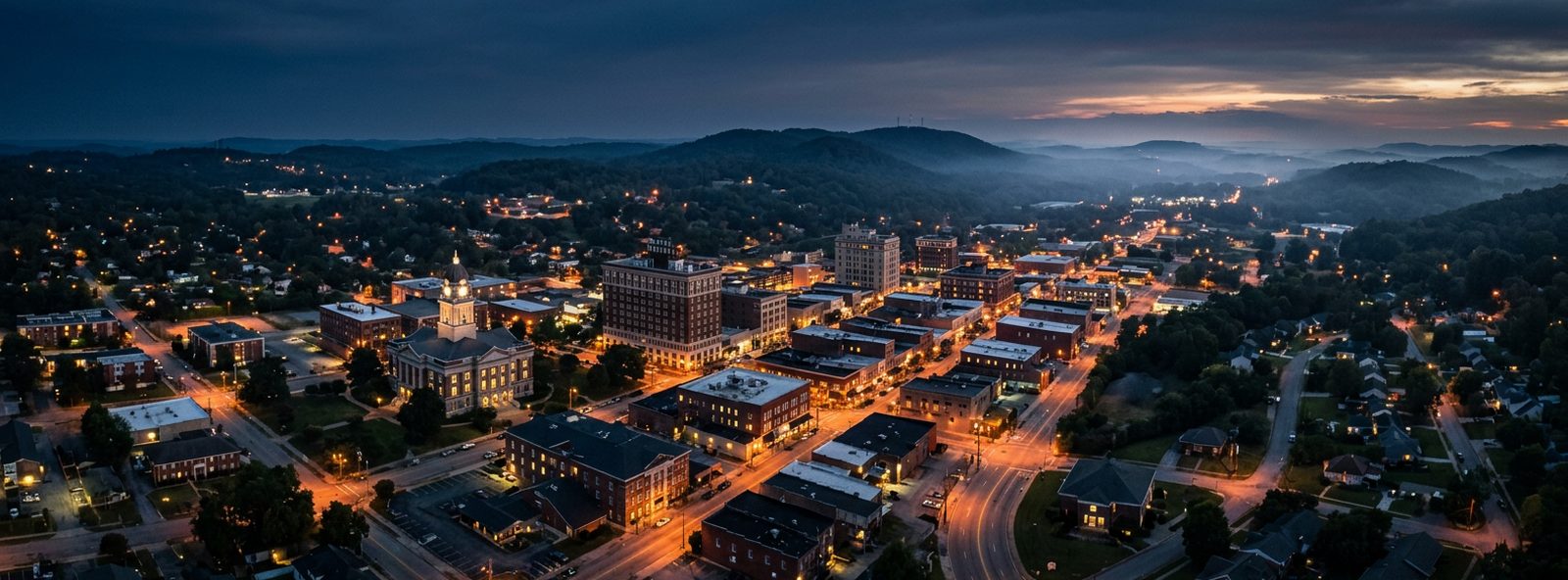 Aerial view of the Anniston, Alabama skyline at dusk, illustrating the metro area TactStack serves structural steel businesses in