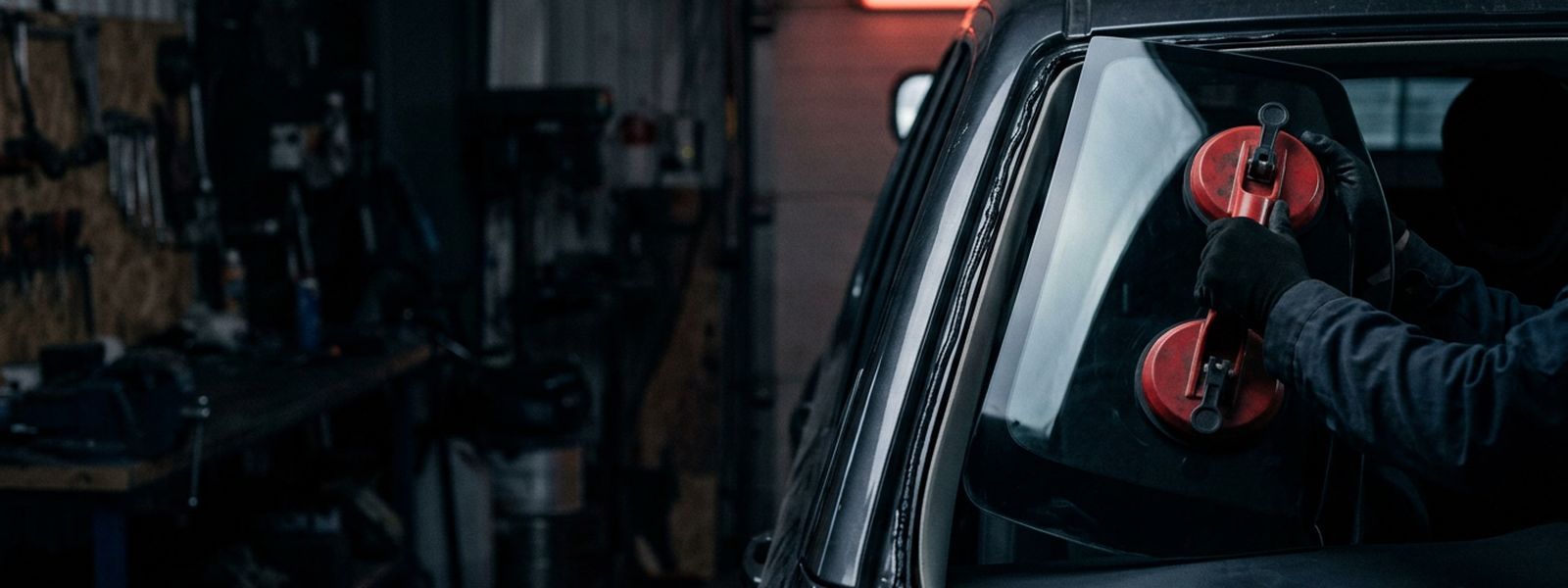 A windshield being set with urethane bead and suction cups in place