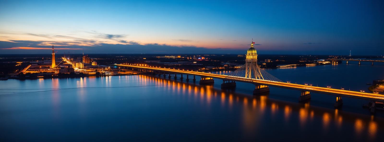 Aerial view of the Baton Rouge, Louisiana skyline at dusk, illustrating the metro area TactStack serves structural steel businesses in