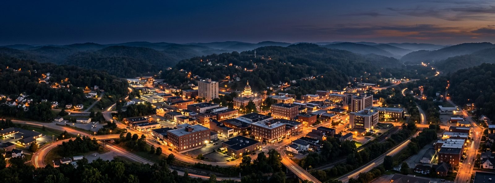 Aerial view of the Beckley, West Virginia skyline at dusk, illustrating the metro area TactStack serves structural steel businesses in