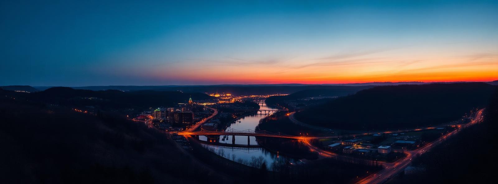 Aerial view of the Binghamton, New York skyline at dusk, illustrating the metro area TactStack serves structural steel businesses in