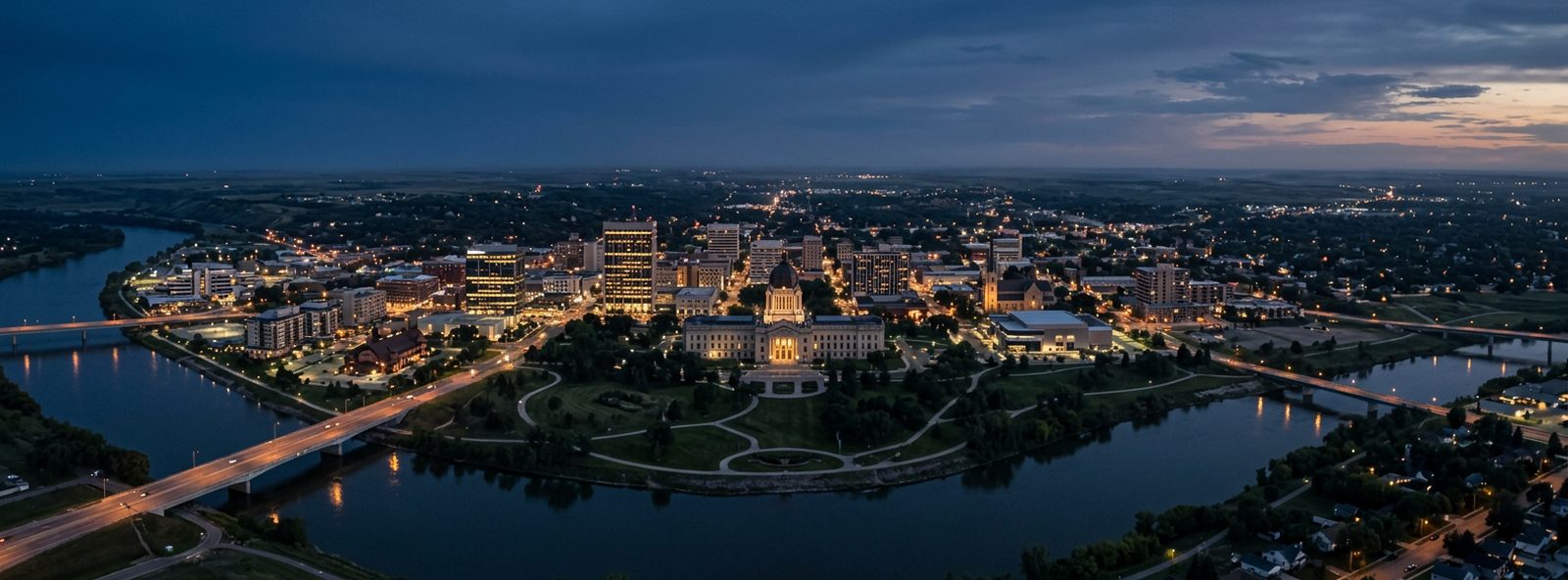 Aerial view of the Bismarck, North Dakota skyline at dusk, illustrating the metro area TactStack serves structural steel businesses in
