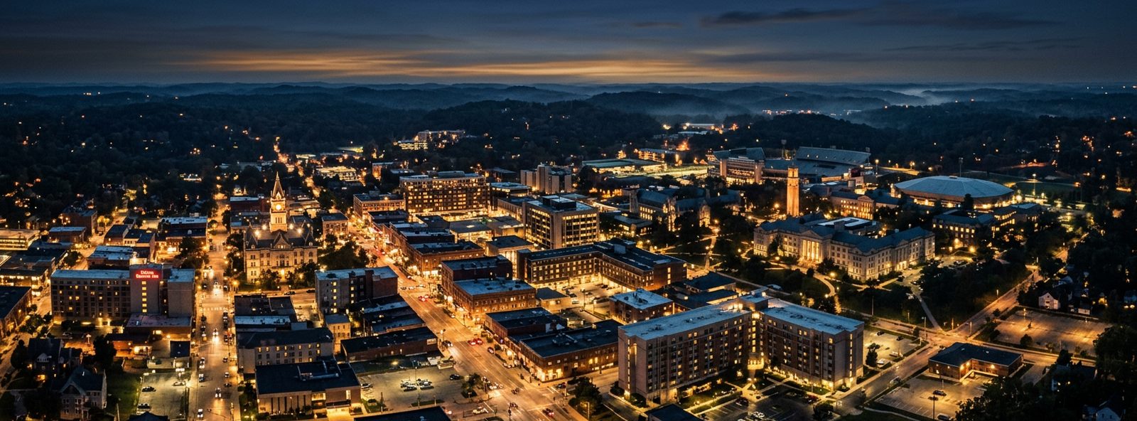 Aerial view of the Bloomington, Indiana skyline at dusk, illustrating the metro area TactStack serves structural steel businesses in