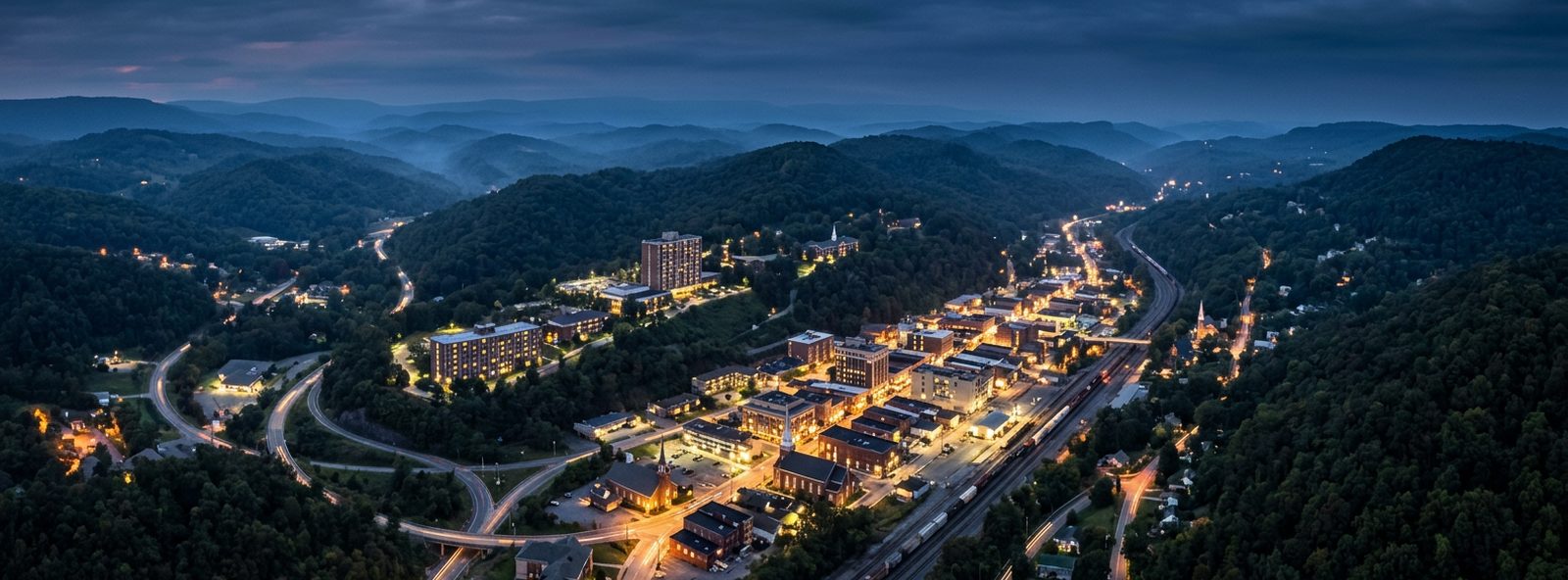 Aerial view of the Bluefield, West Virginia skyline at dusk, illustrating the metro area TactStack serves structural steel businesses in