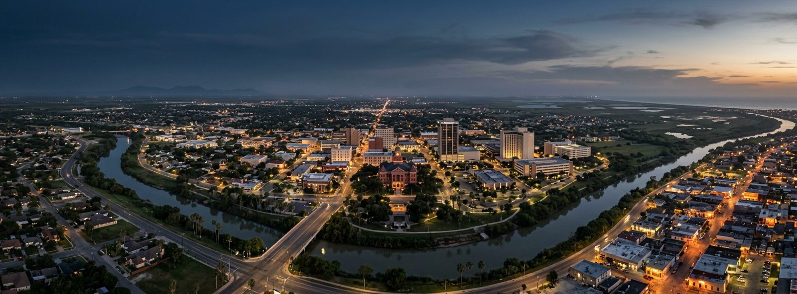 Aerial view of the Brownsville, Texas skyline at dusk, illustrating the metro area TactStack serves structural steel businesses in