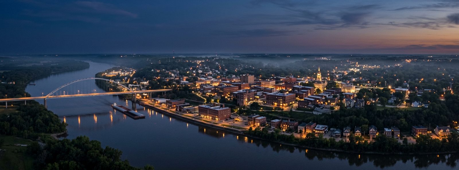 Aerial view of the Burlington, Iowa skyline at dusk, illustrating the metro area TactStack serves structural steel businesses in