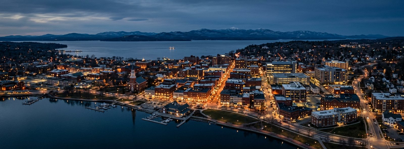 Aerial view of the Burlington, Vermont skyline at dusk, illustrating the metro area TactStack serves structural steel businesses in