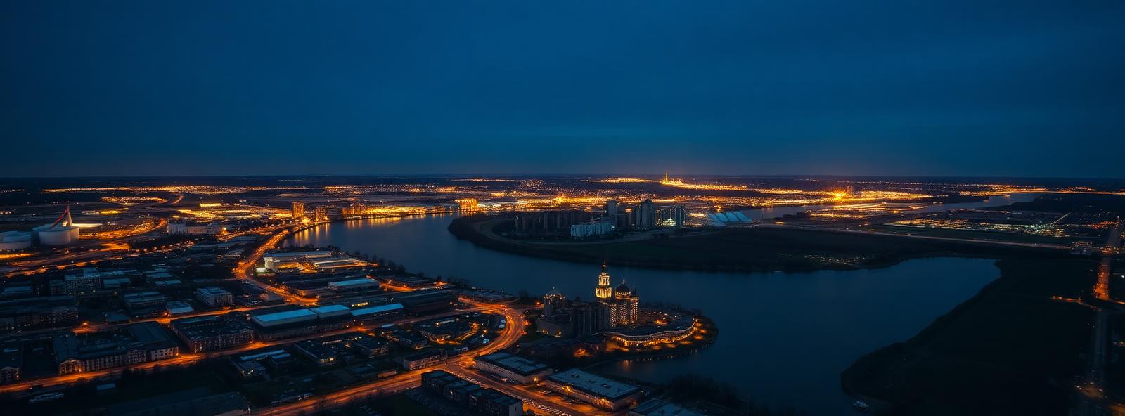 Aerial view of the Cedar Rapids, Iowa skyline at dusk, illustrating the metro area TactStack serves structural steel businesses in
