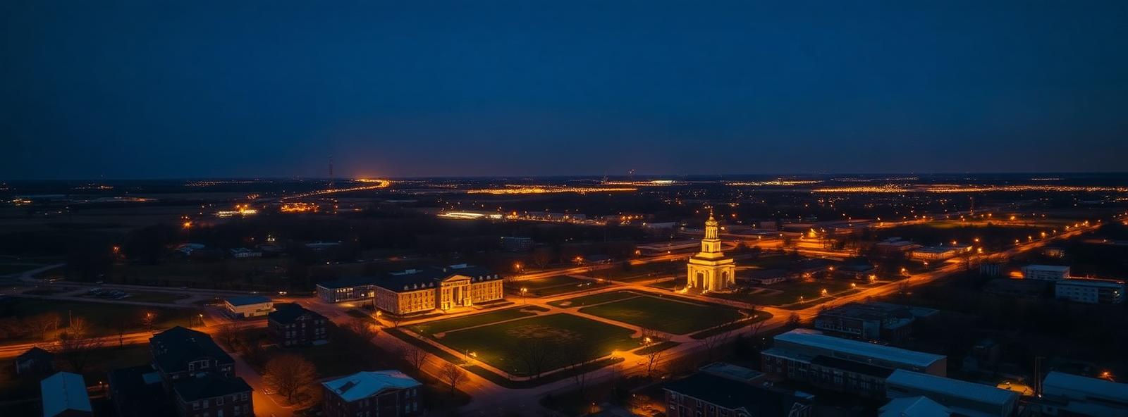 Aerial view of the Champaign, Illinois skyline at dusk, illustrating the metro area TactStack serves structural steel businesses in