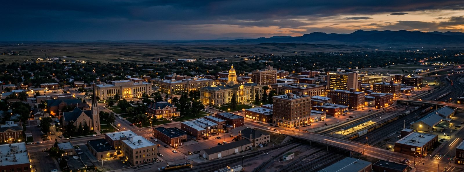Aerial view of the Cheyenne, Wyoming skyline at dusk, illustrating the metro area TactStack serves structural steel businesses in