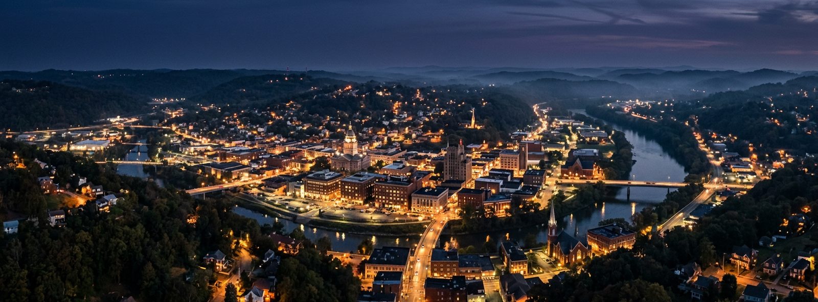 Aerial view of the Clarksburg, West Virginia skyline at dusk, illustrating the metro area TactStack serves structural steel businesses in