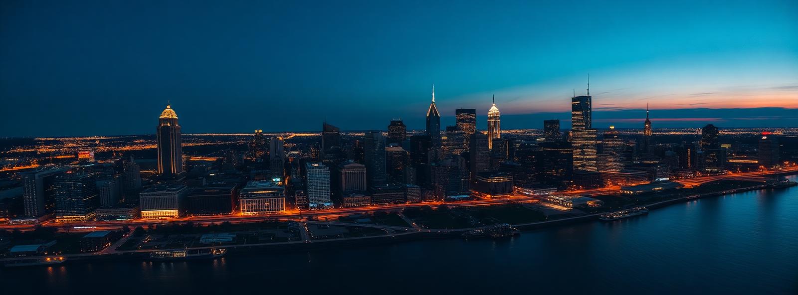 Aerial view of the Cleveland, Ohio skyline at dusk, illustrating the metro area TactStack serves structural steel businesses in