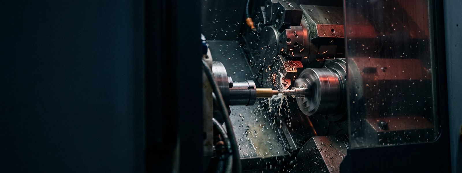 A Swiss lathe producing precision turned parts under coolant