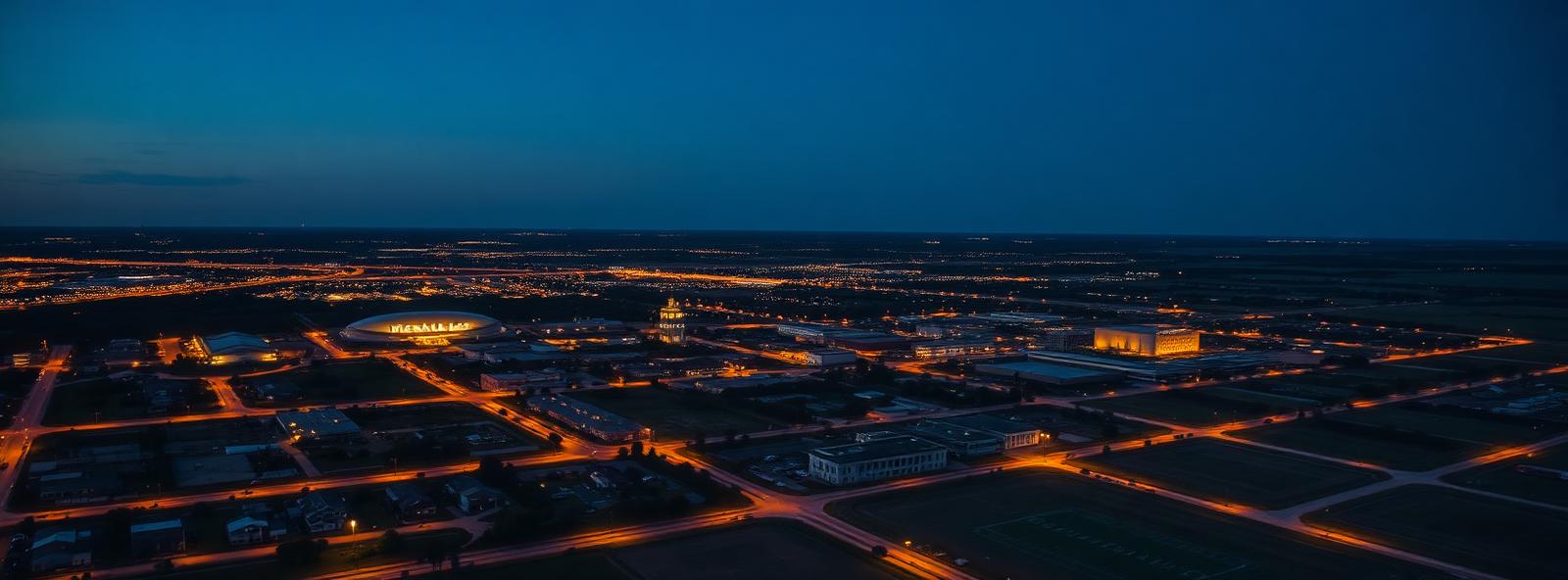 Aerial view of the College Station, Texas skyline at dusk, illustrating the metro area TactStack serves structural steel businesses in