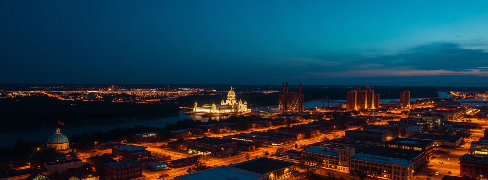 Aerial view of the Columbus, Georgia skyline at dusk, illustrating the metro area TactStack serves structural steel businesses in