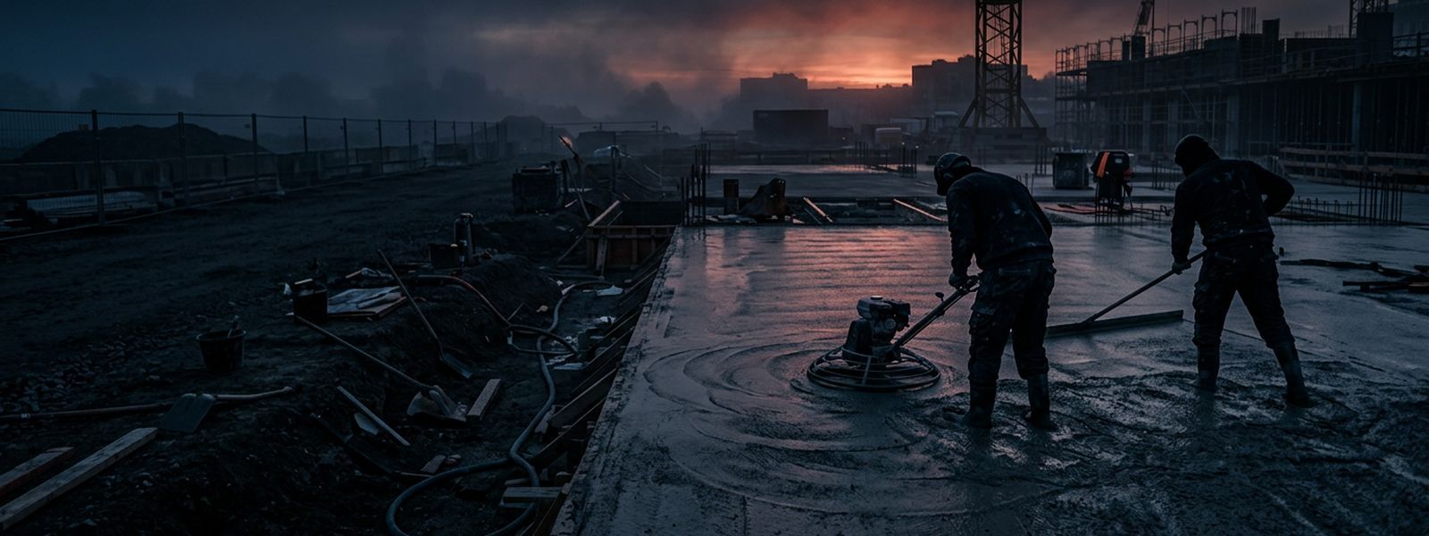 A fresh concrete slab being screeded and power-troweled at sunrise