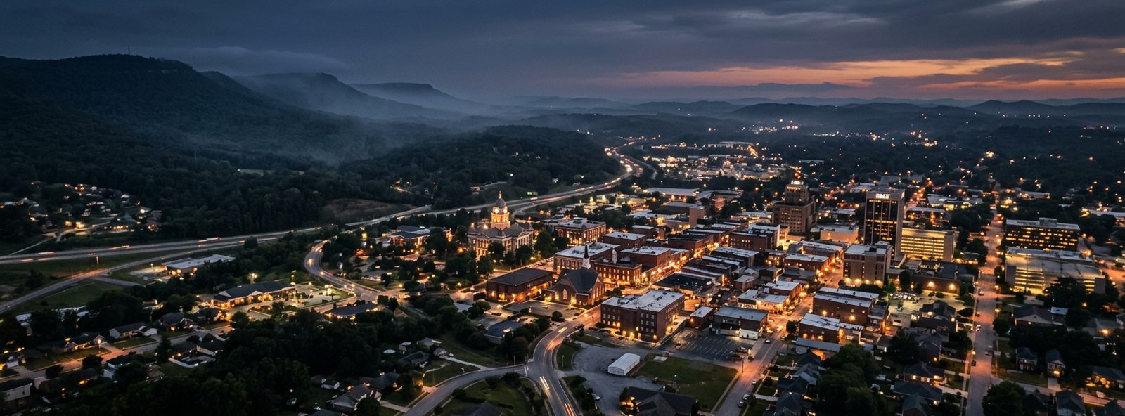 Aerial view of the Dalton, Georgia skyline at dusk, illustrating the metro area TactStack serves structural steel businesses in