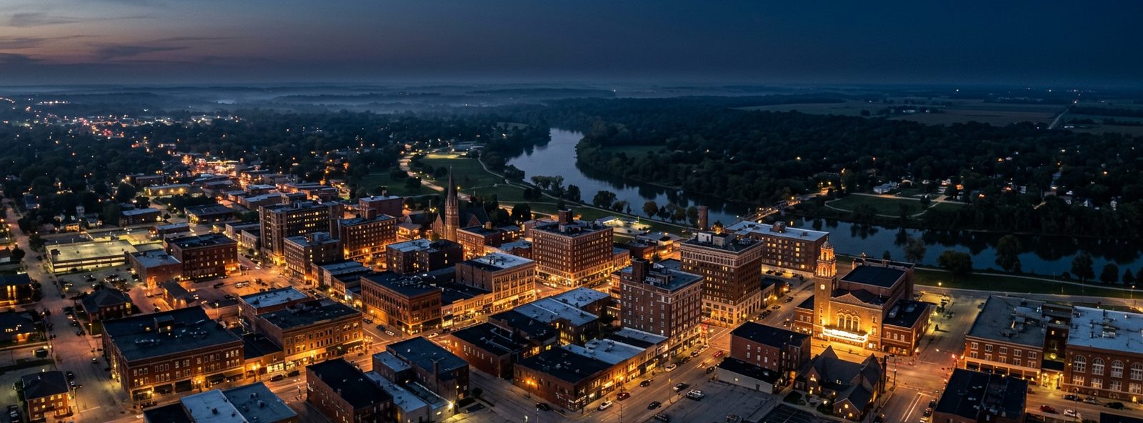 Aerial view of the Danville, Illinois skyline at dusk, illustrating the metro area TactStack serves structural steel businesses in