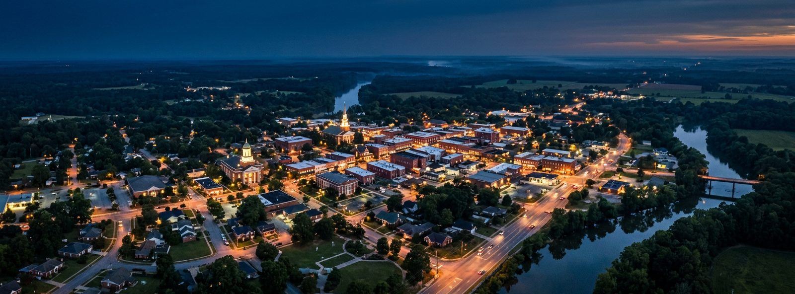 Aerial view of the Dublin, Georgia skyline at dusk, illustrating the metro area TactStack serves structural steel businesses in
