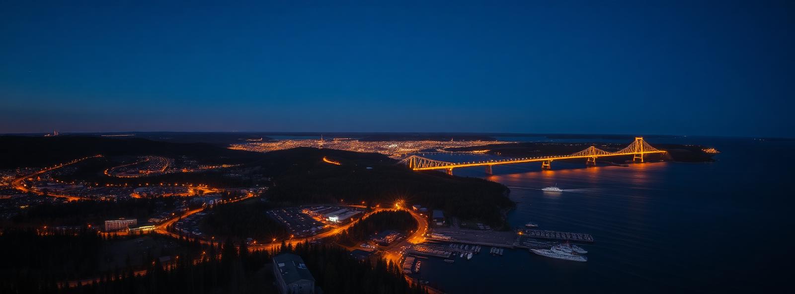 Aerial view of the Duluth, Minnesota skyline at dusk, illustrating the metro area TactStack serves plumbing businesses in