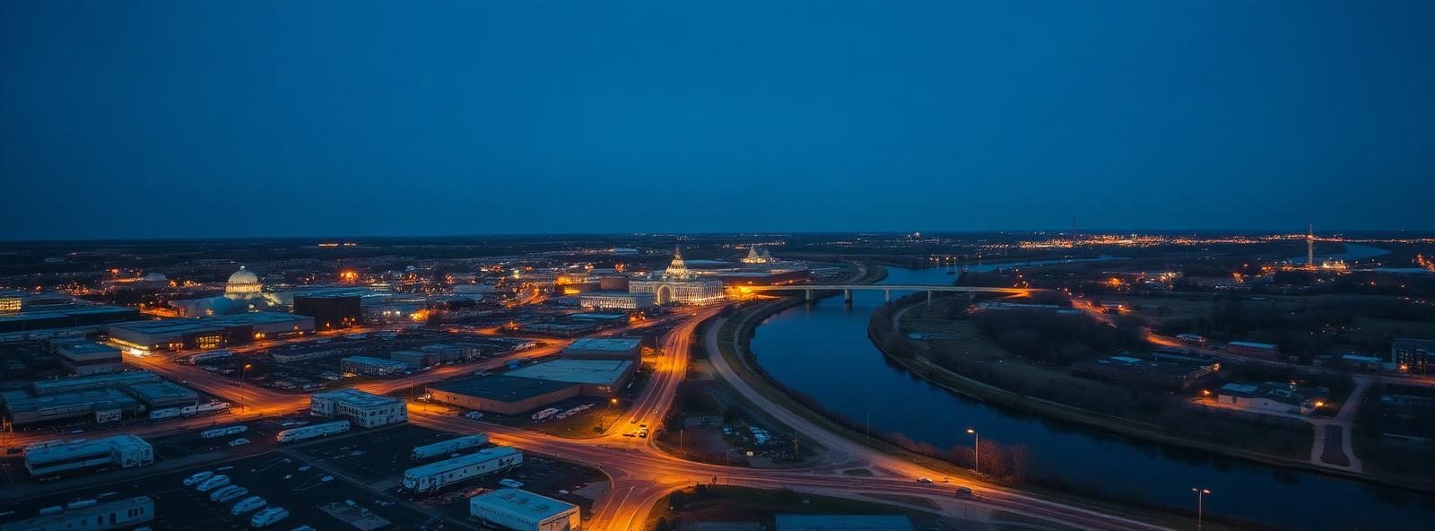 Aerial view of the Elkhart, Indiana skyline at dusk, illustrating the metro area TactStack serves structural steel businesses in