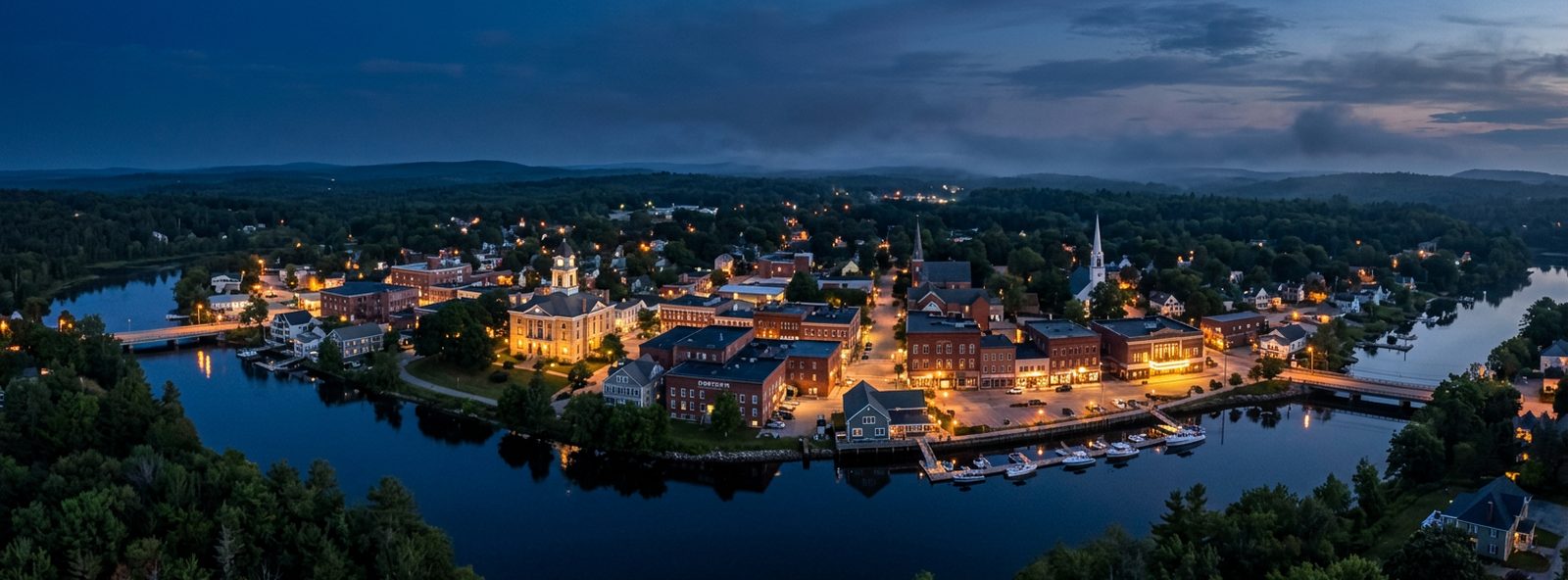 Aerial view of the Ellsworth, Maine skyline at dusk, illustrating the metro area TactStack serves structural steel businesses in