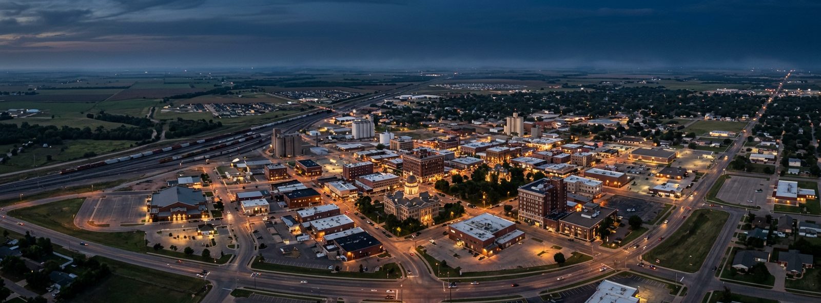Aerial view of the Enid, Oklahoma skyline at dusk, illustrating the metro area TactStack serves structural steel businesses in