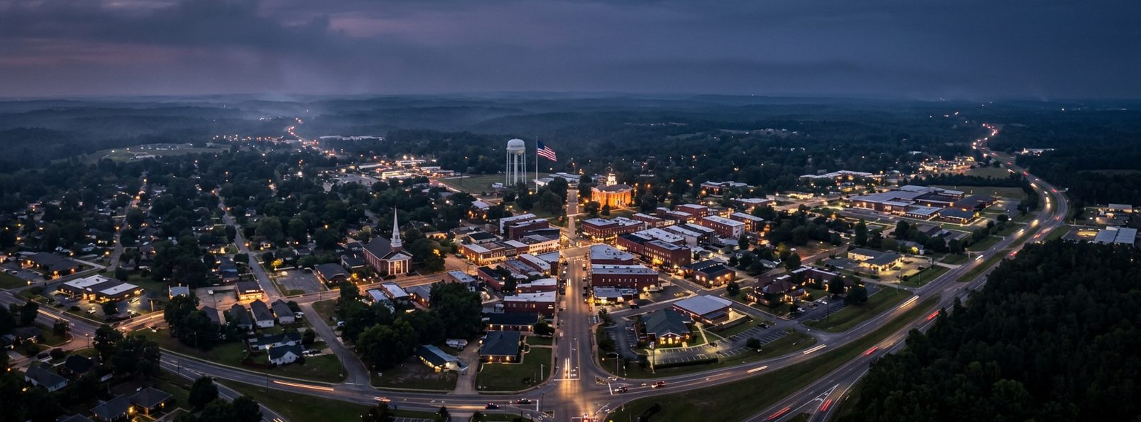 Aerial view of the Enterprise, Alabama skyline at dusk, illustrating the metro area TactStack serves structural steel businesses in