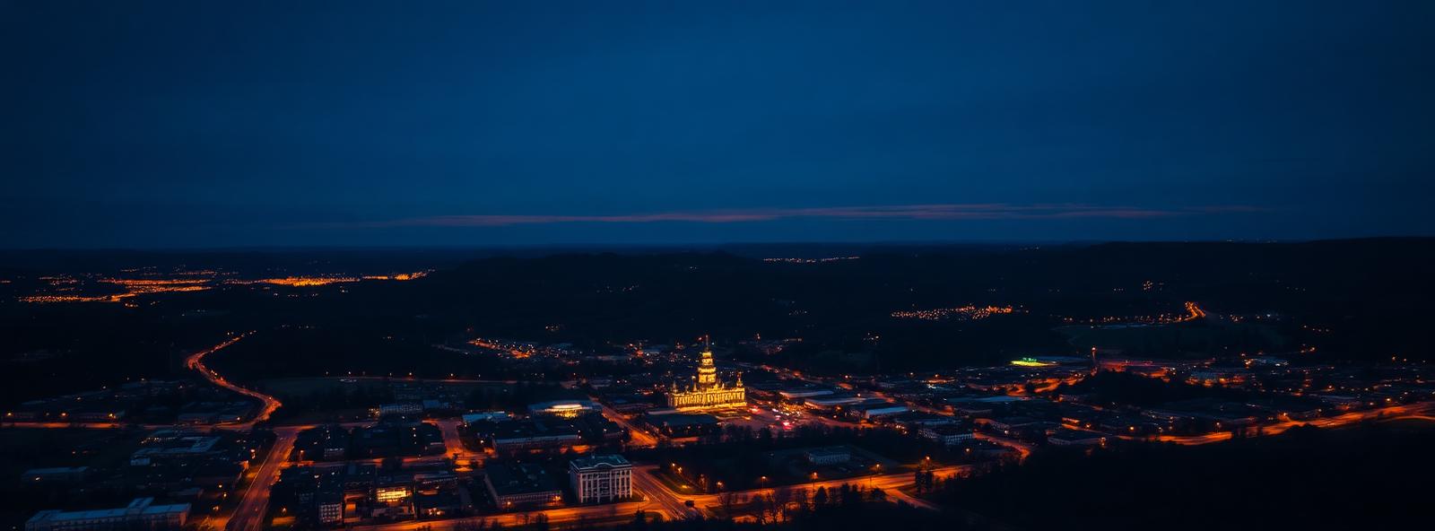Aerial view of the Fayetteville, Arkansas skyline at dusk, illustrating the metro area TactStack serves structural steel businesses in