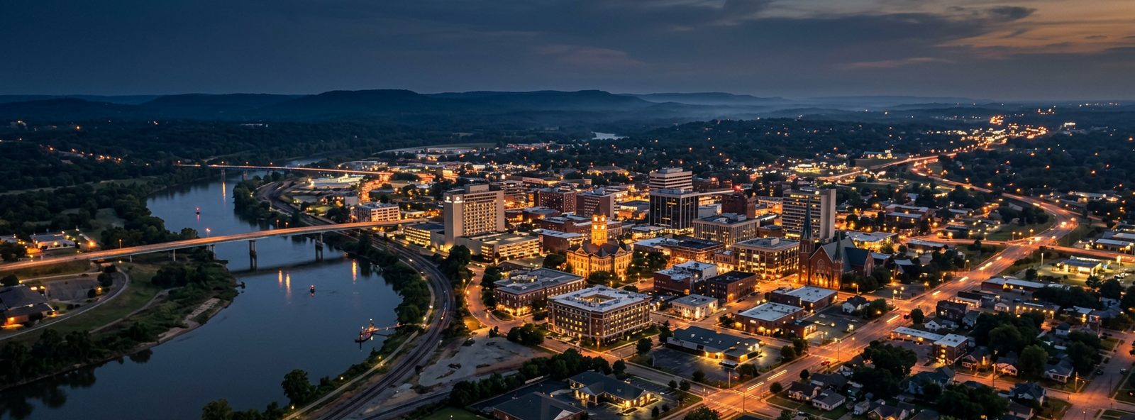 Aerial view of the Fort Smith, Arkansas skyline at dusk, illustrating the metro area TactStack serves structural steel businesses in