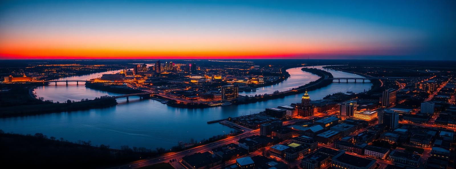 Aerial view of the Fort Wayne, Indiana skyline at dusk, illustrating the metro area TactStack serves composites businesses in