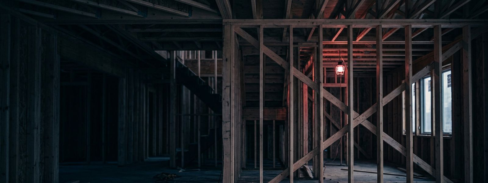 Freshly framed walls and exposed joists in early morning light