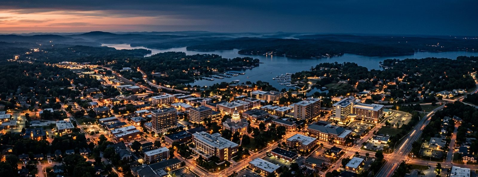 Aerial view of the Gainesville, Georgia skyline at dusk, illustrating the metro area TactStack serves structural steel businesses in