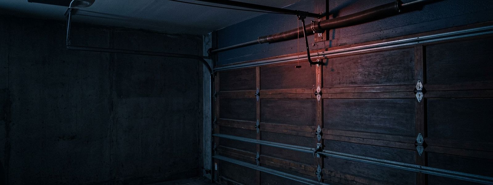 A garage door torsion spring and opener rail seen from inside the bay