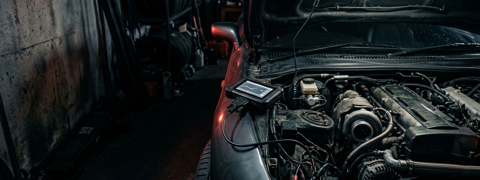An open engine bay under service lighting with a scan tool connected