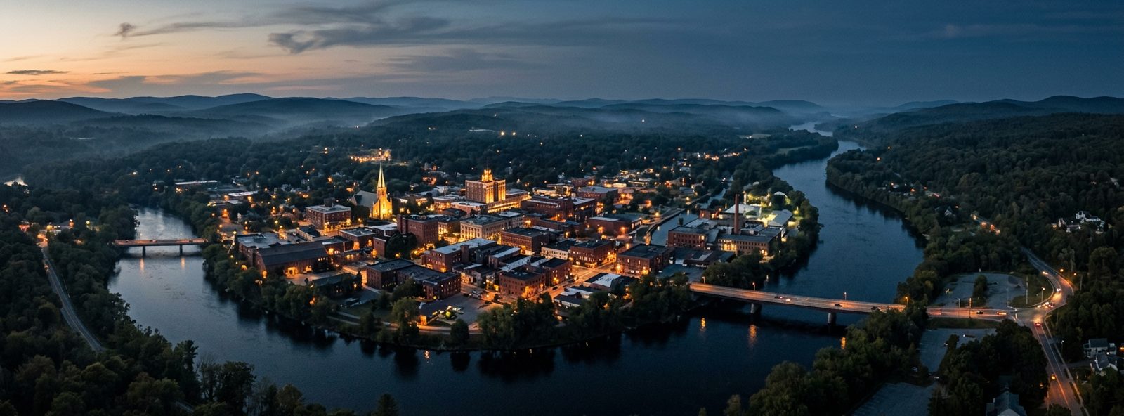 Aerial view of the Glens Falls, New York skyline at dusk, illustrating the metro area TactStack serves structural steel businesses in