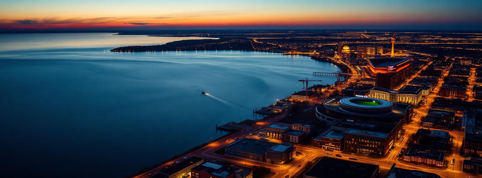Aerial view of the Green Bay, Wisconsin skyline at dusk, illustrating the metro area TactStack serves structural steel businesses in