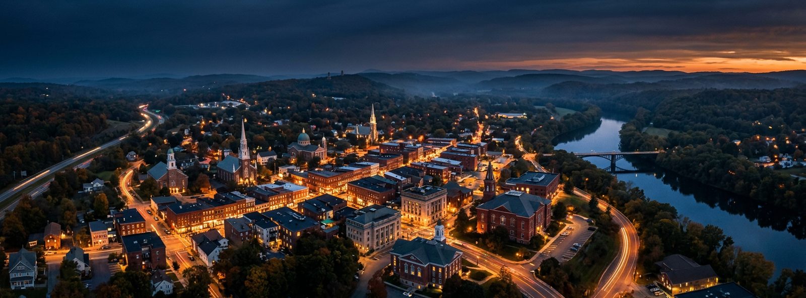 Aerial view of the Greenfield, Massachusetts skyline at dusk, illustrating the metro area TactStack serves structural steel businesses in