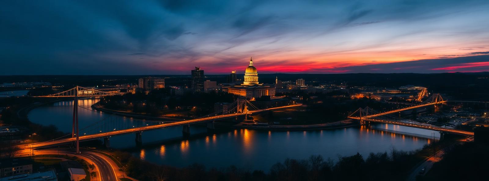 Aerial view of the Harrisburg, Pennsylvania skyline at dusk, illustrating the metro area TactStack serves HVAC businesses in