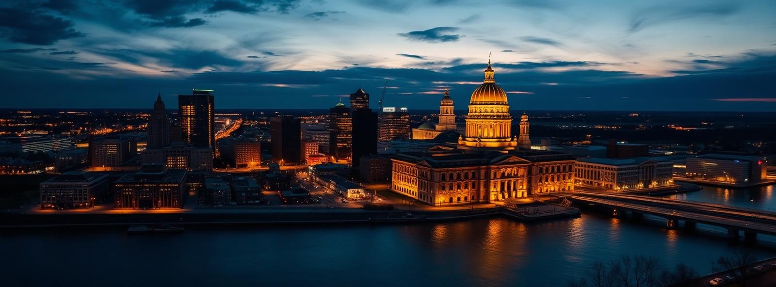 Aerial view of the Hartford, Connecticut skyline at dusk, illustrating the metro area TactStack serves structural steel businesses in