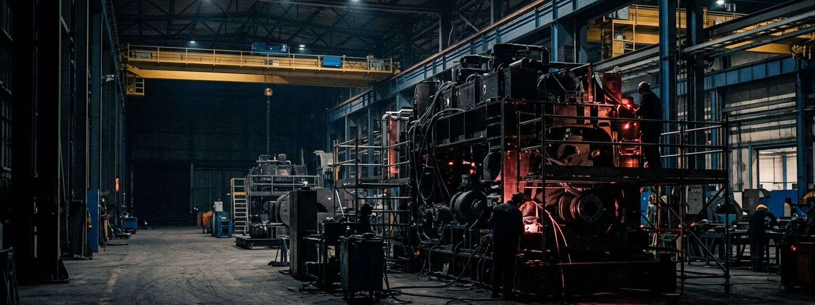 A heavy industrial machine mid-assembly in a high-bay plant