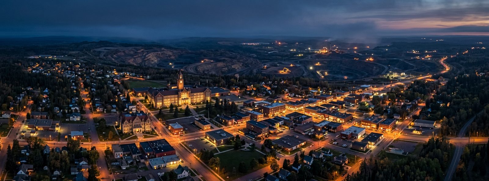 Aerial view of the Hibbing, Minnesota skyline at dusk, illustrating the metro area TactStack serves plumbing businesses in