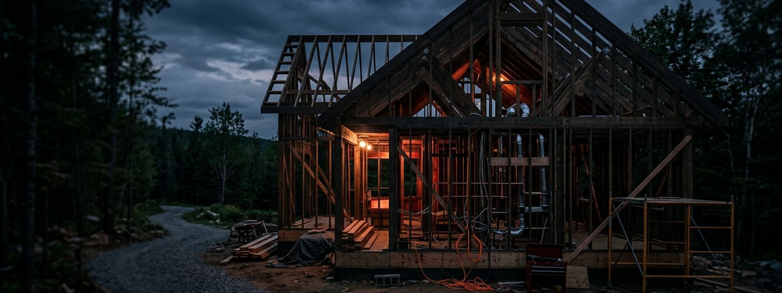 A home under construction at dusk with framed walls open to the sky