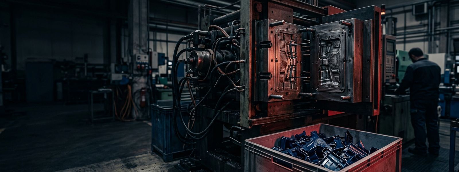 An injection molding press with the mold open and finished parts dropping into a bin