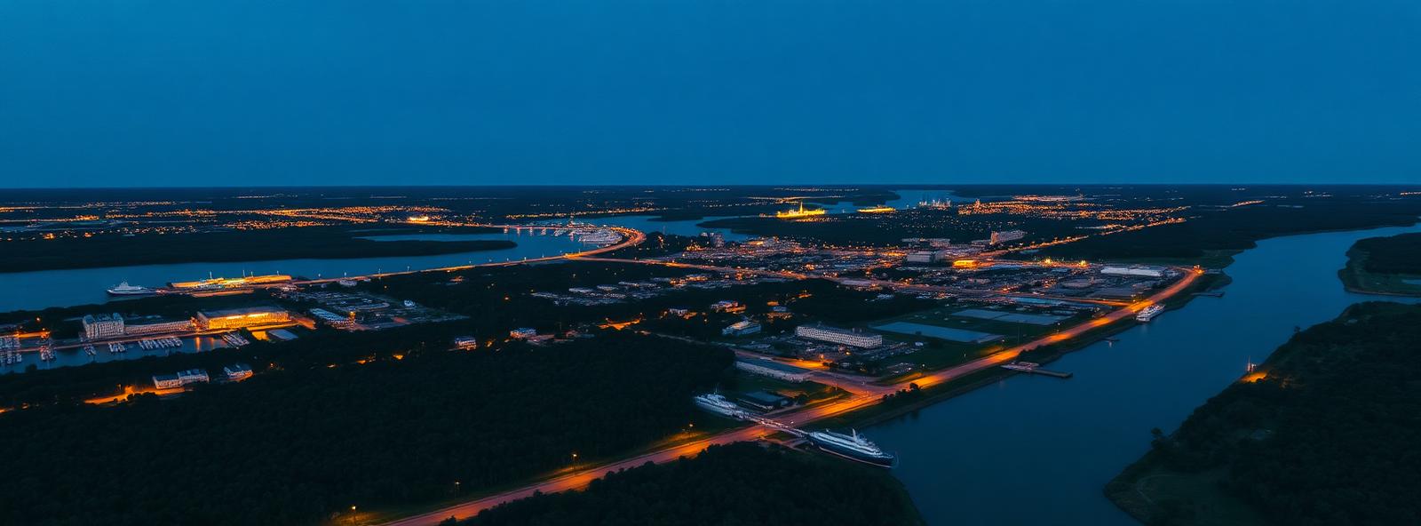 Aerial view of the Jacksonville, North Carolina skyline at dusk, illustrating the metro area TactStack serves structural steel businesses in